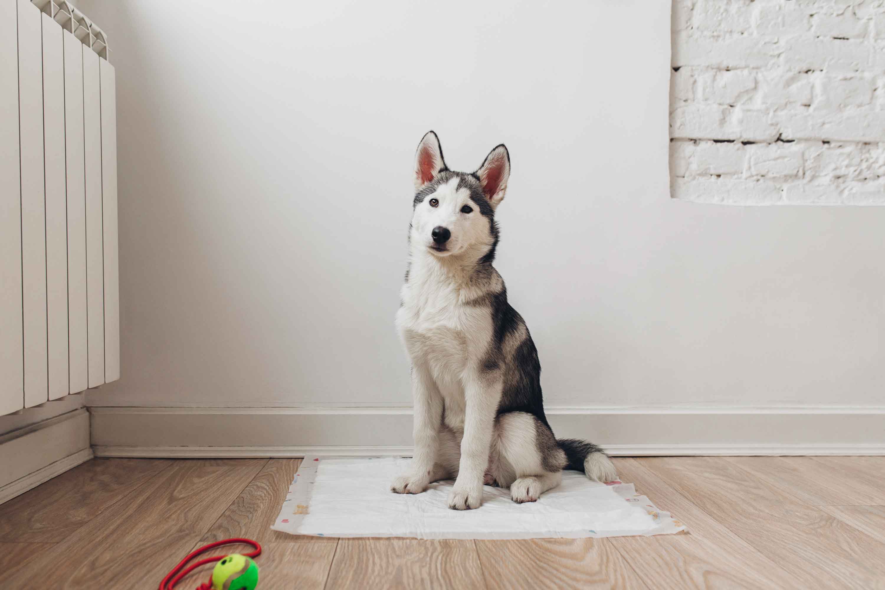 Husky puppy sitting on puppy training pad - Husky puppy zit op trainingsmat - Flamingo Pet Products