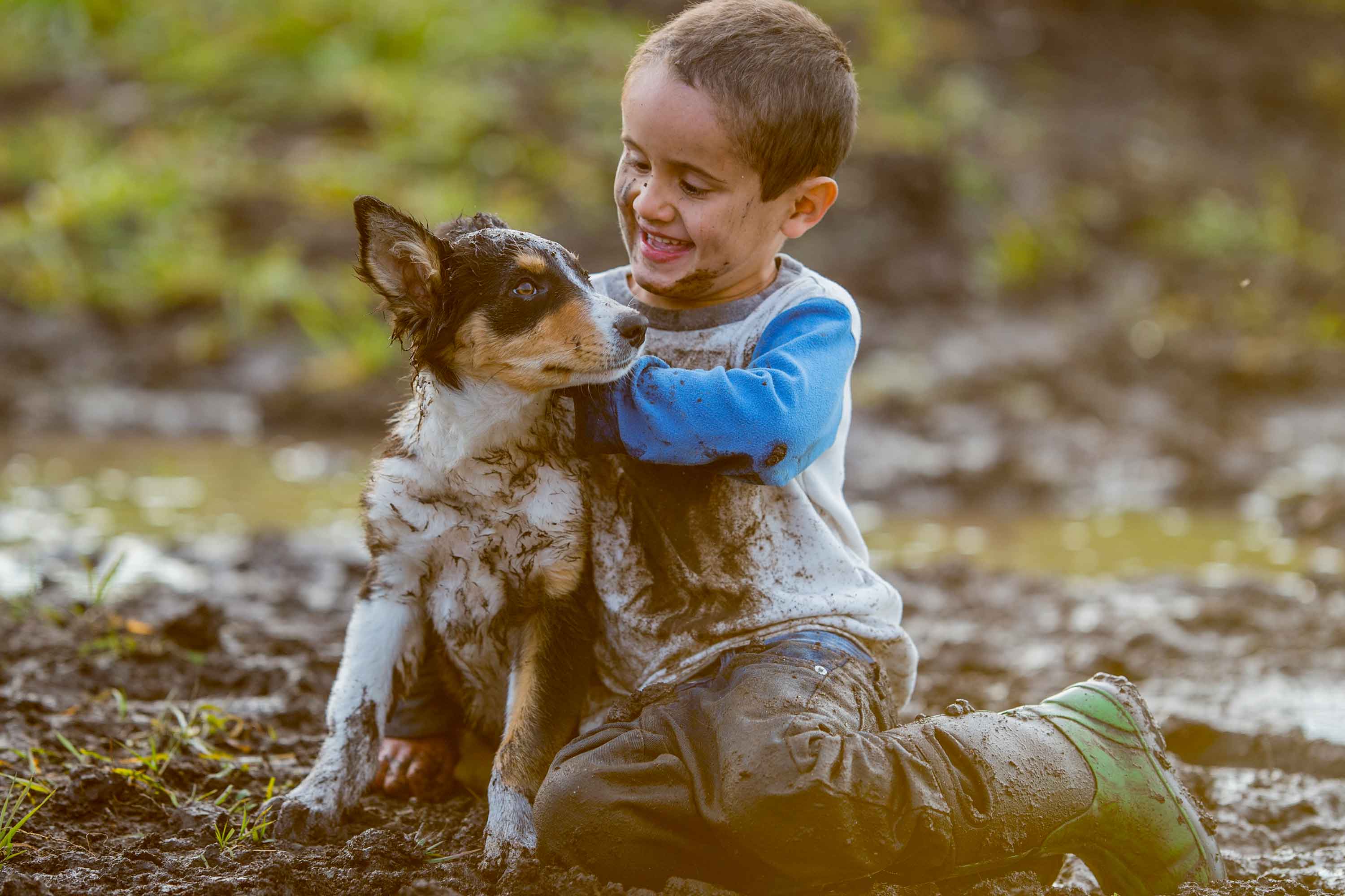 dog and child play in the mud